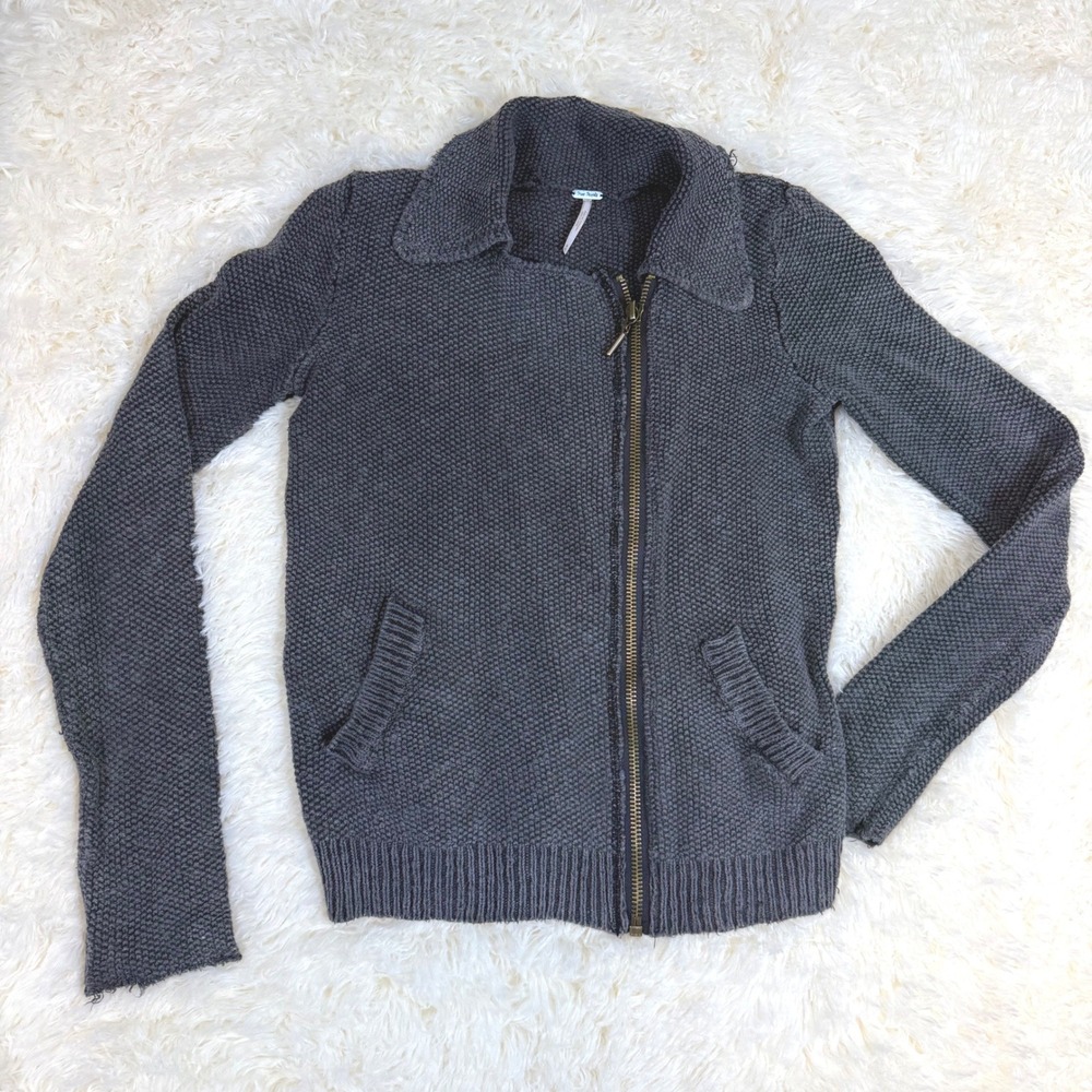 Free People Moto Cardigan Womens XS Gray Sweater Zip Edgy Boho Biker Knit